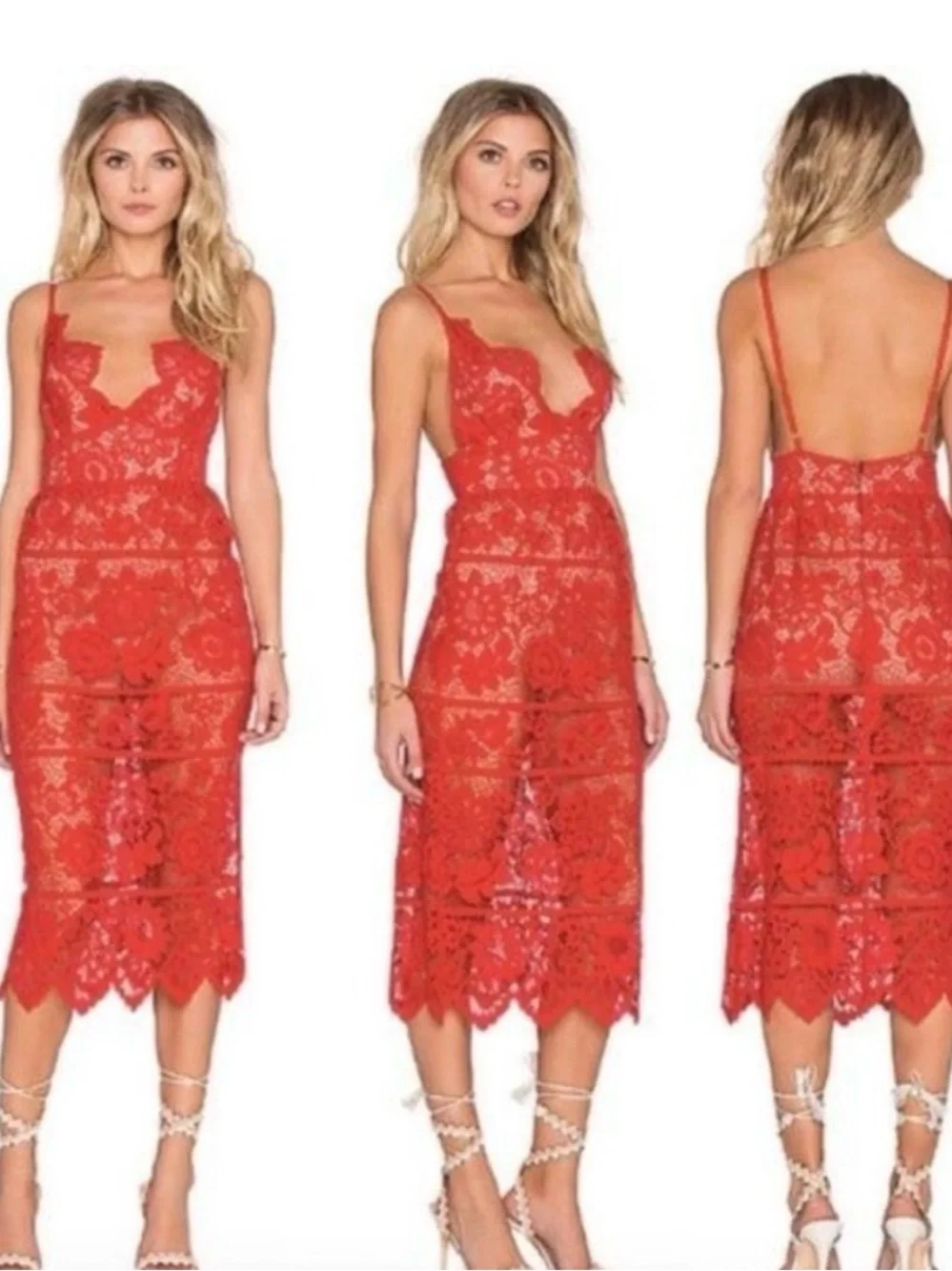 For Love And Lemons x Revolve Gianna Lace Midi Dress Womens Red New with Tags L